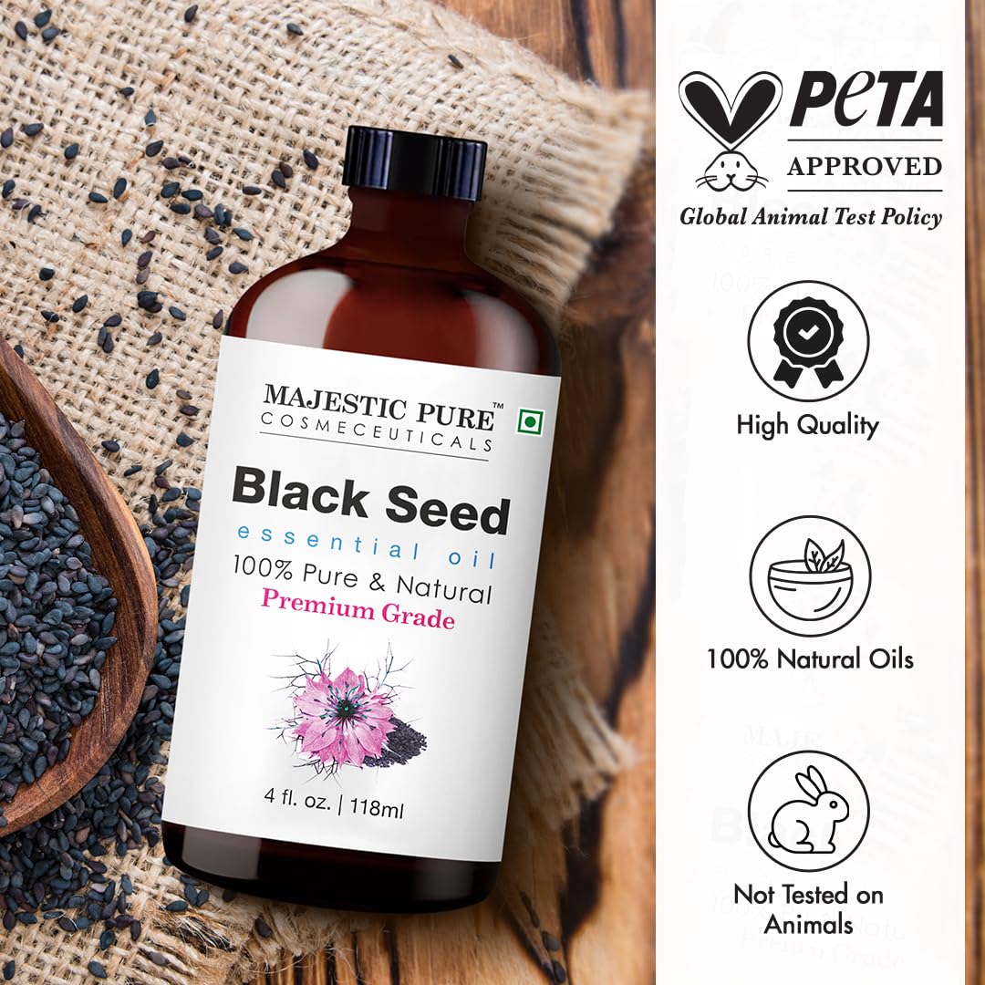 Majestic Pure Black Seed Oil on a shelf for display and storage.