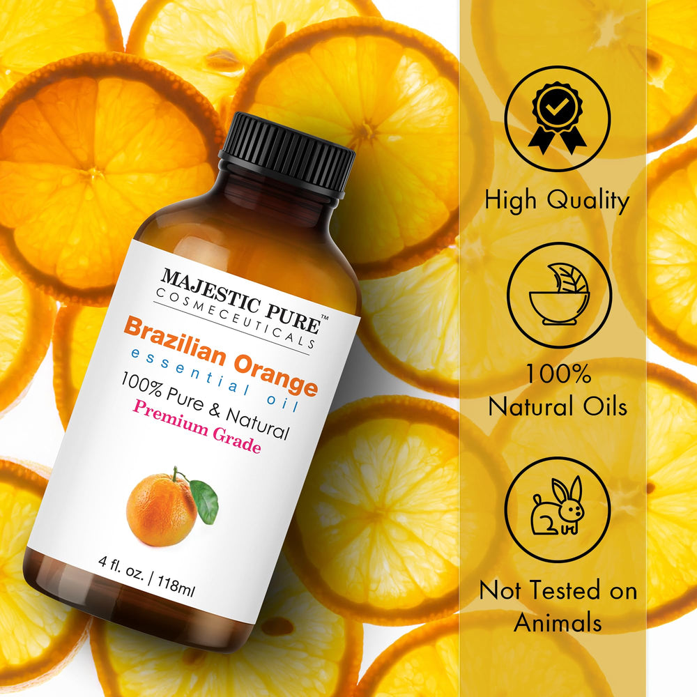 Closeup of Majestic Pure Brazilian orange oil bottle and dropper enabling precise usage.