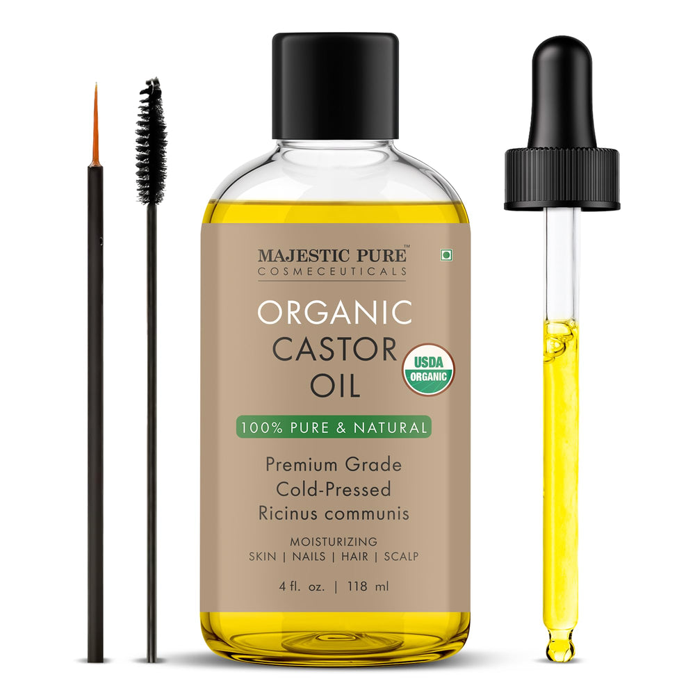 Majestic Pure Castor Oil bottle front showing premium packaging for hair and skin