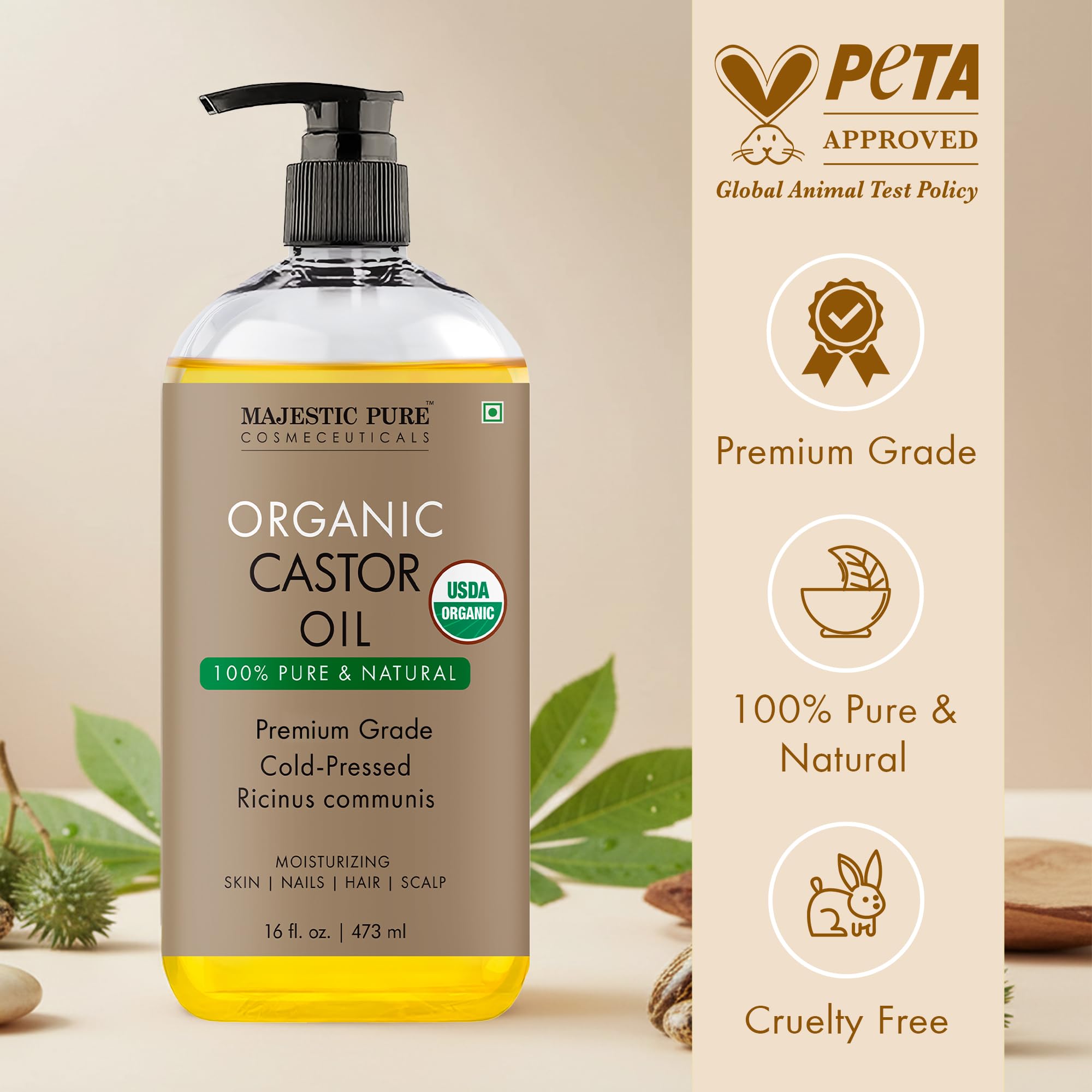 Majestic Pure Castor Oil being poured for easy daily application.
