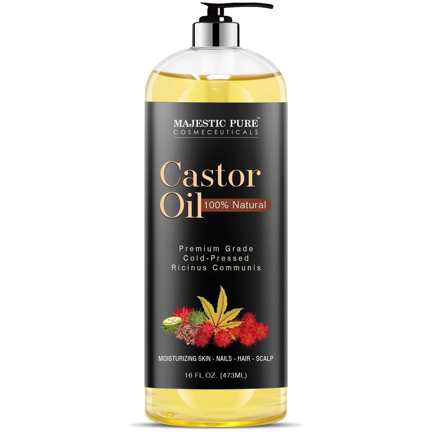 Majestic Pure Castor Oil bottle pouring for skin and hair nourishment
