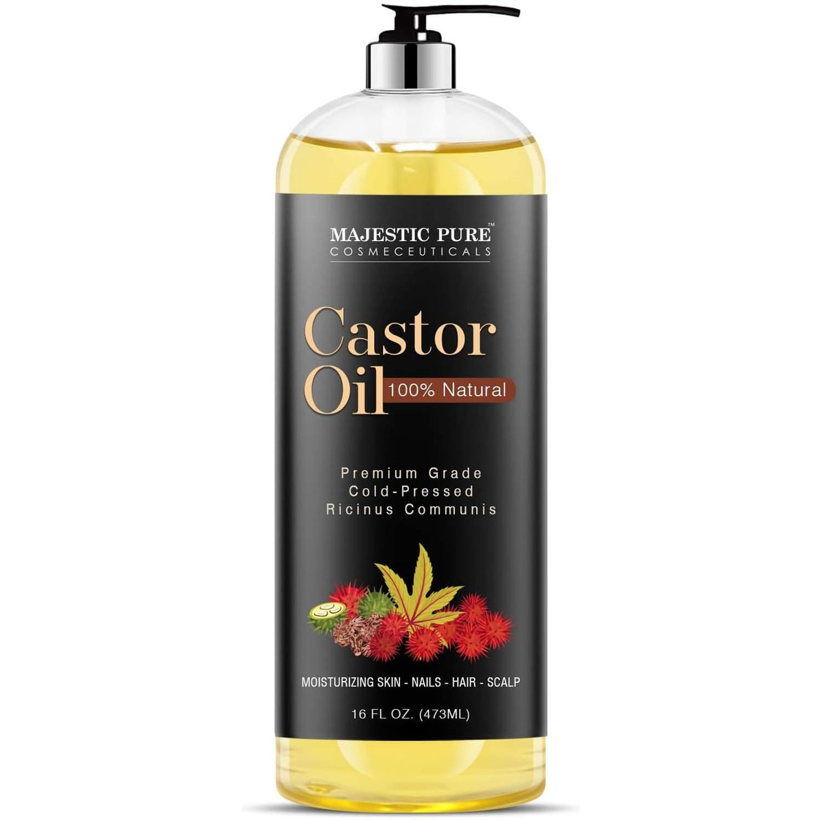 Majestic Pure Castor Oil bottle pouring for skin and hair nourishment
