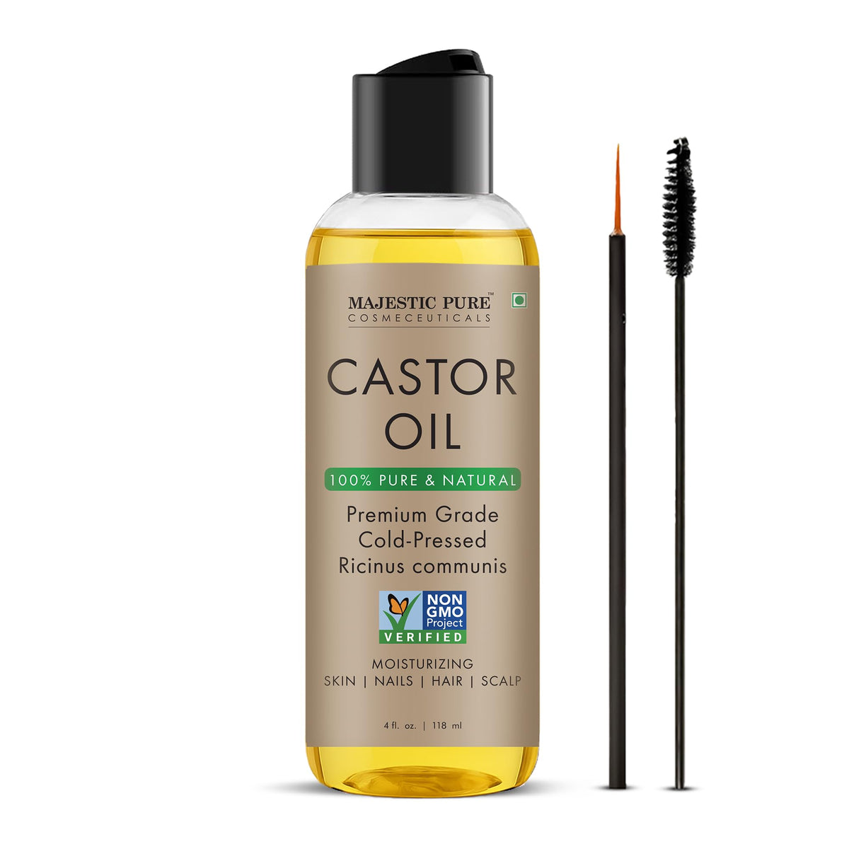 Majestic Pure Castor Oil bottle with pump enables easy, precise application.