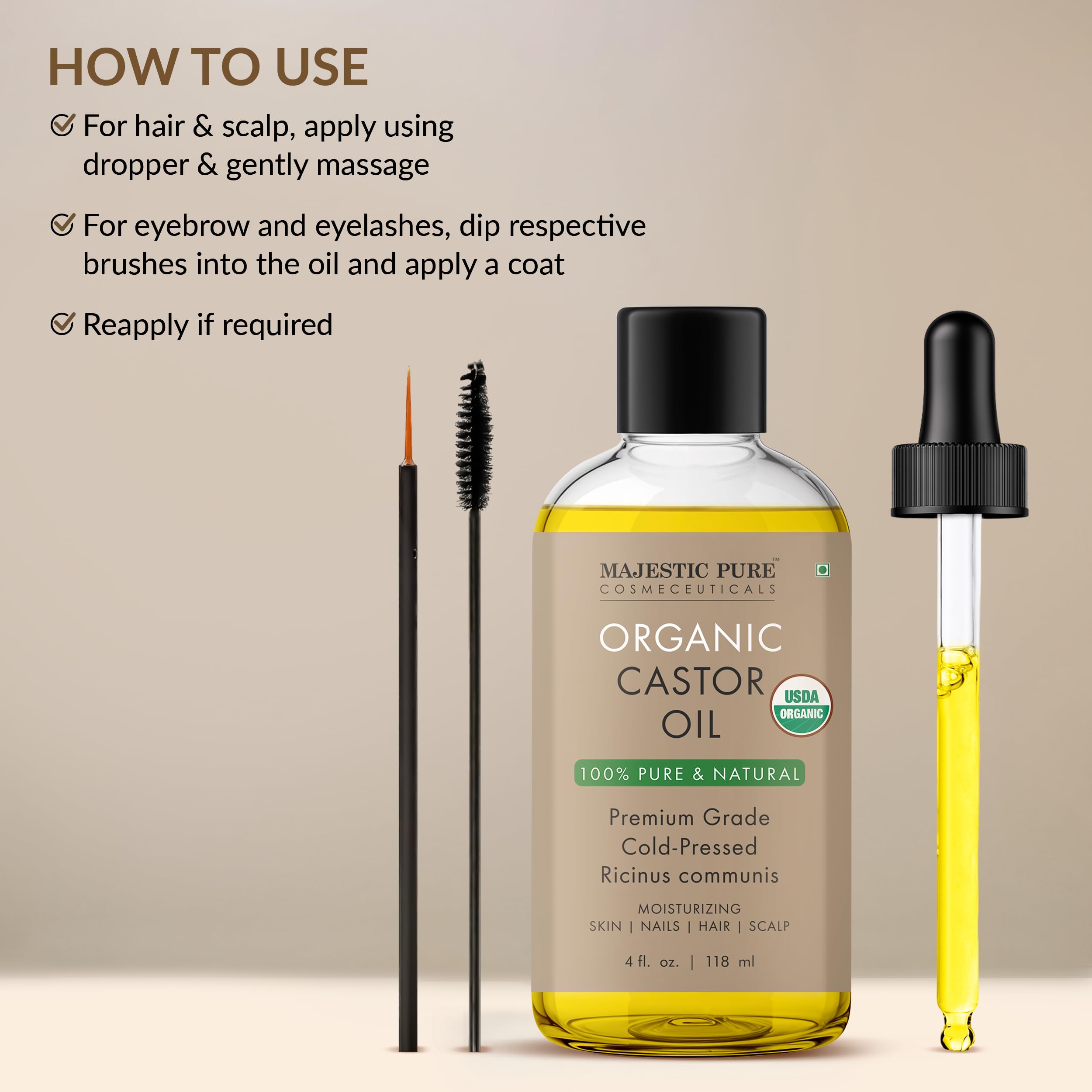 Majestic Pure Castor Oil for eyebrows enhances defined arches