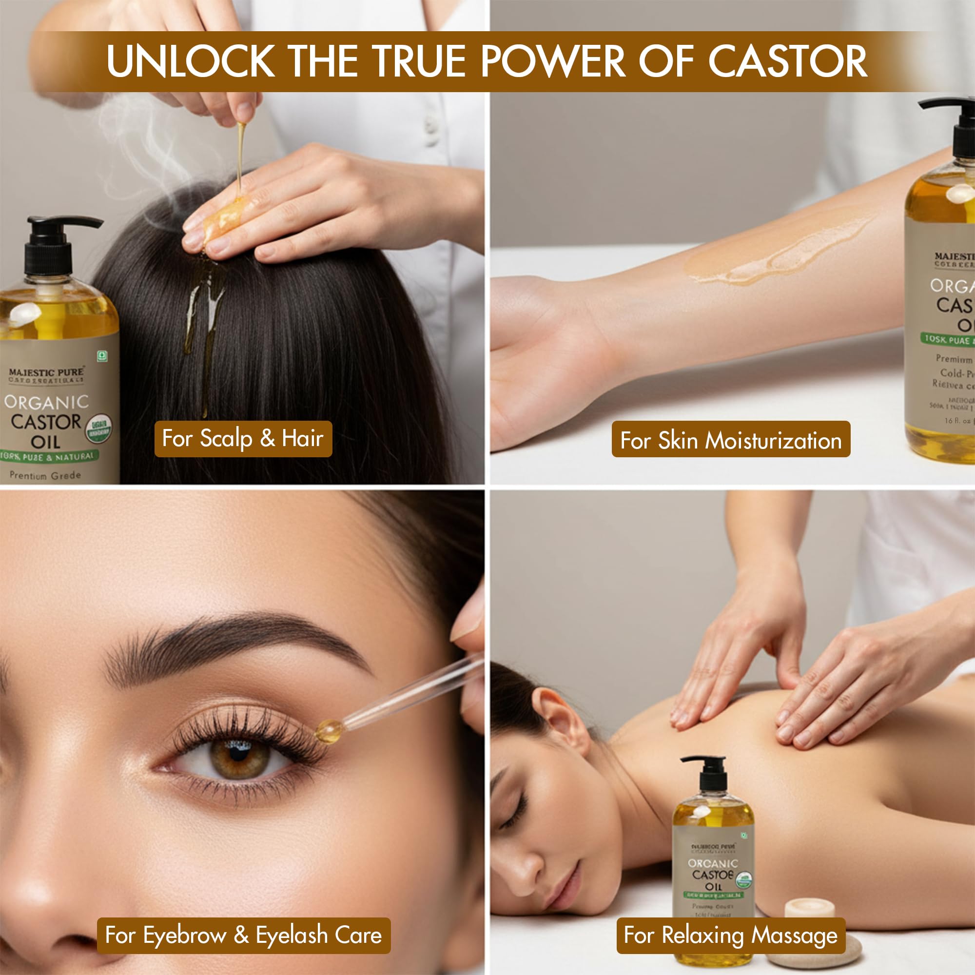 Majestic Pure Castor Oil nourishes lashes and brows during routine use.
