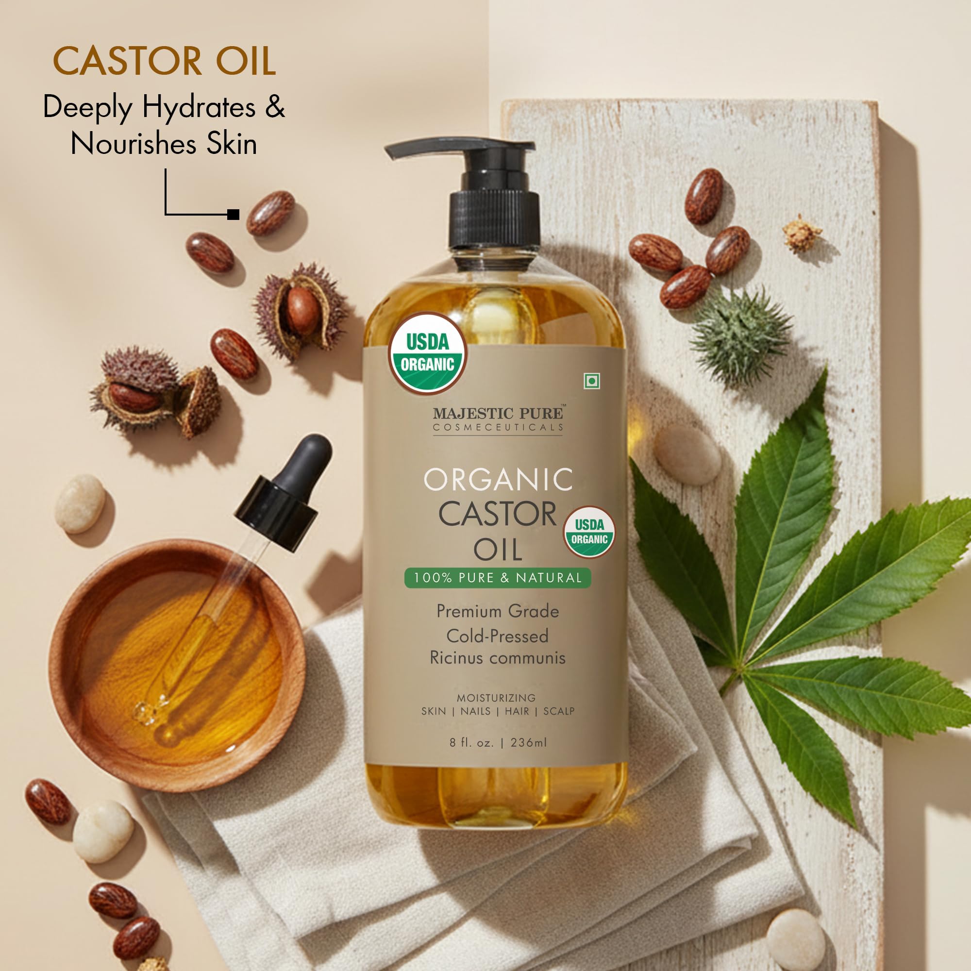 Majestic Pure Castor Oil conditions lashes and brows with essential nutrients