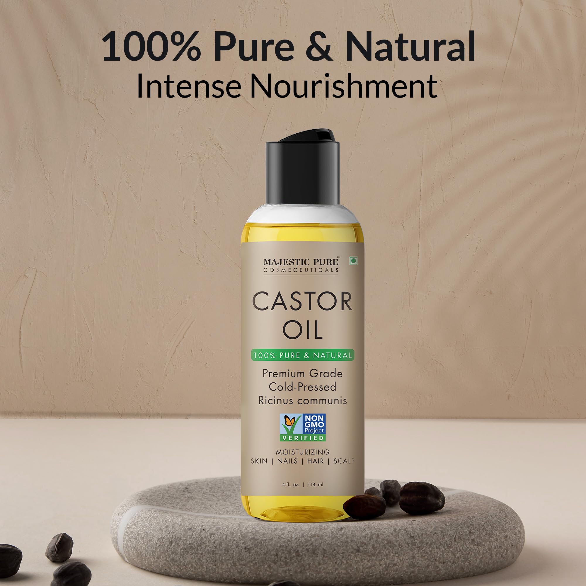 Majestic Pure Castor Oil eyelash and eyebrow conditioning focus.