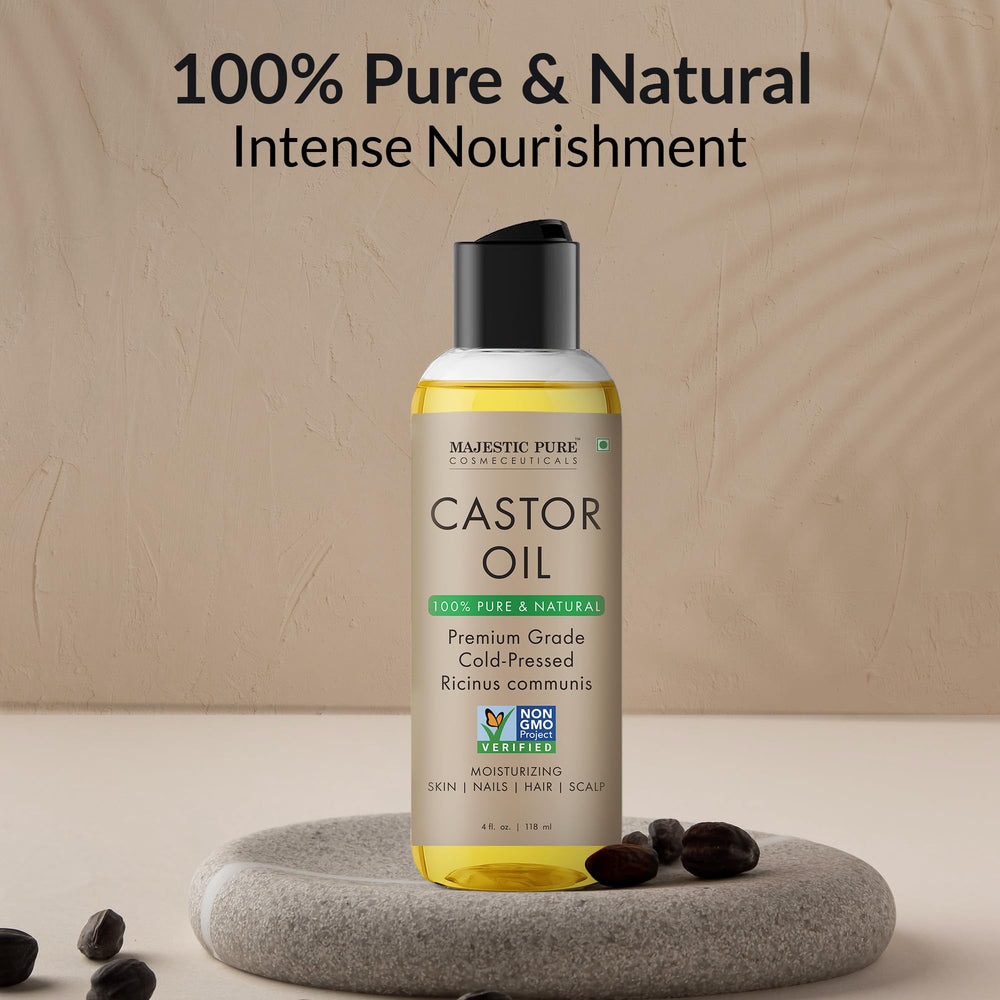 Majestic Pure Castor Oil eyelash and eyebrow conditioning focus.