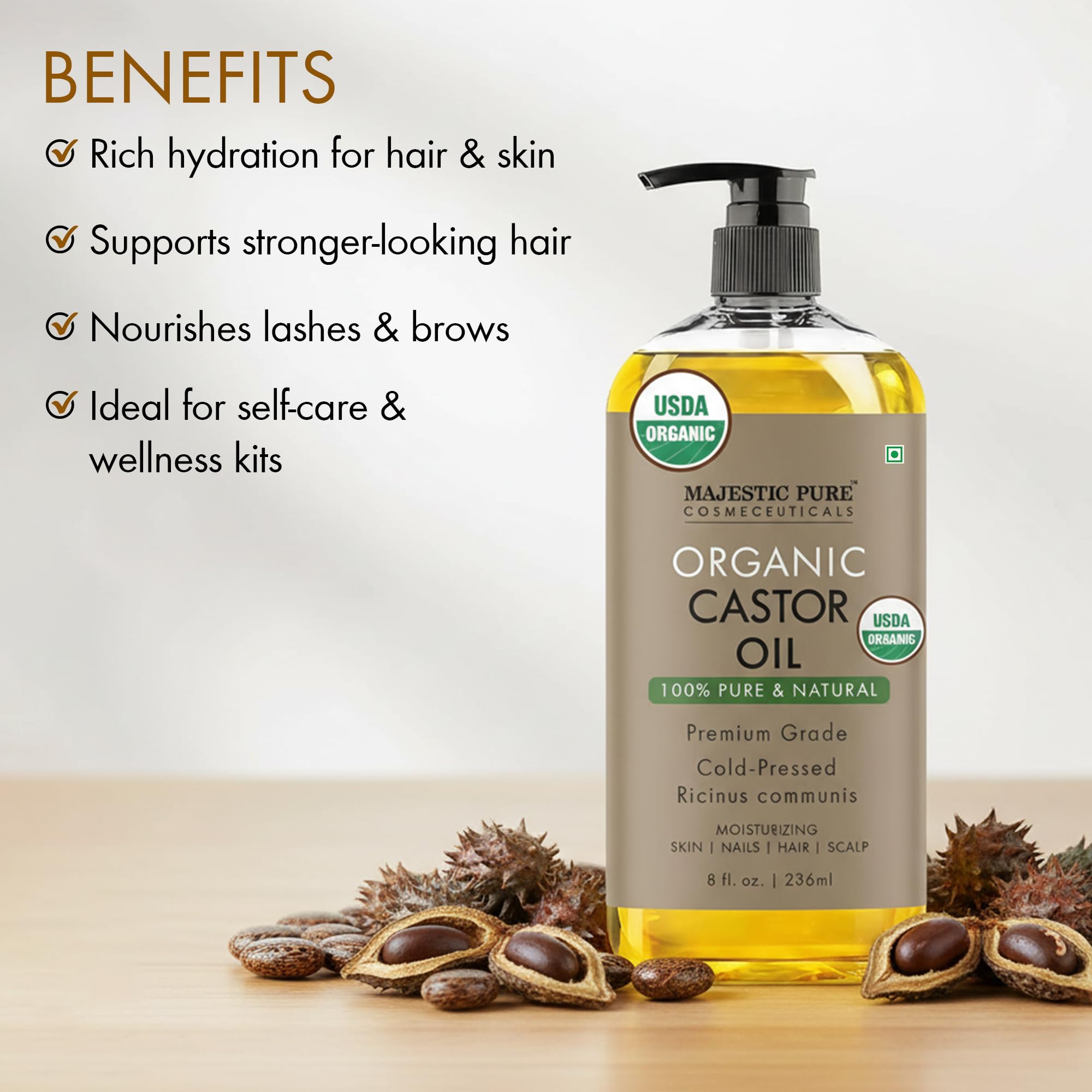 Majestic Pure Castor Oil nourishes hair with a healthy shine and softness