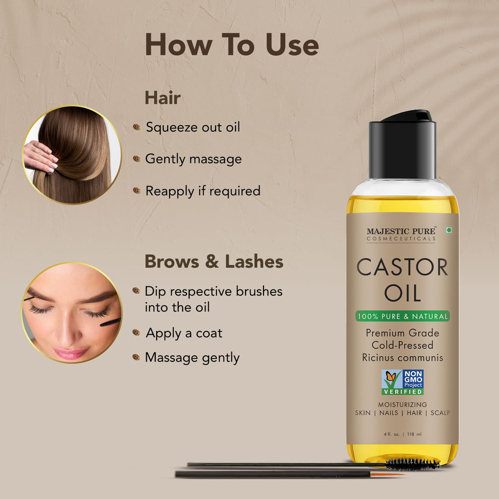 Majestic Pure Castor Oil hair application focus for nourishing strands.