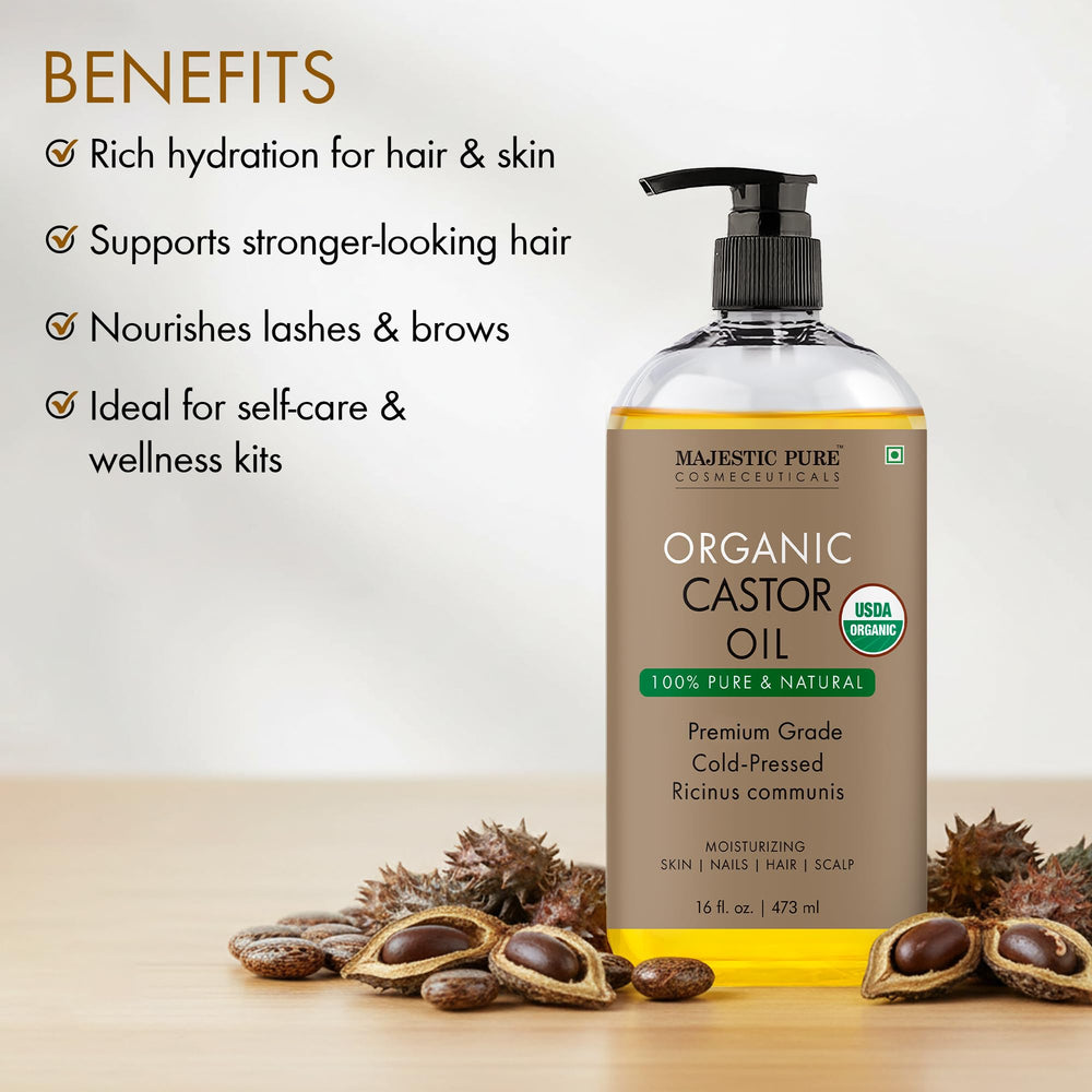 Majestic Pure Castor Oil label closeup highlights organic, hexane-free formula.