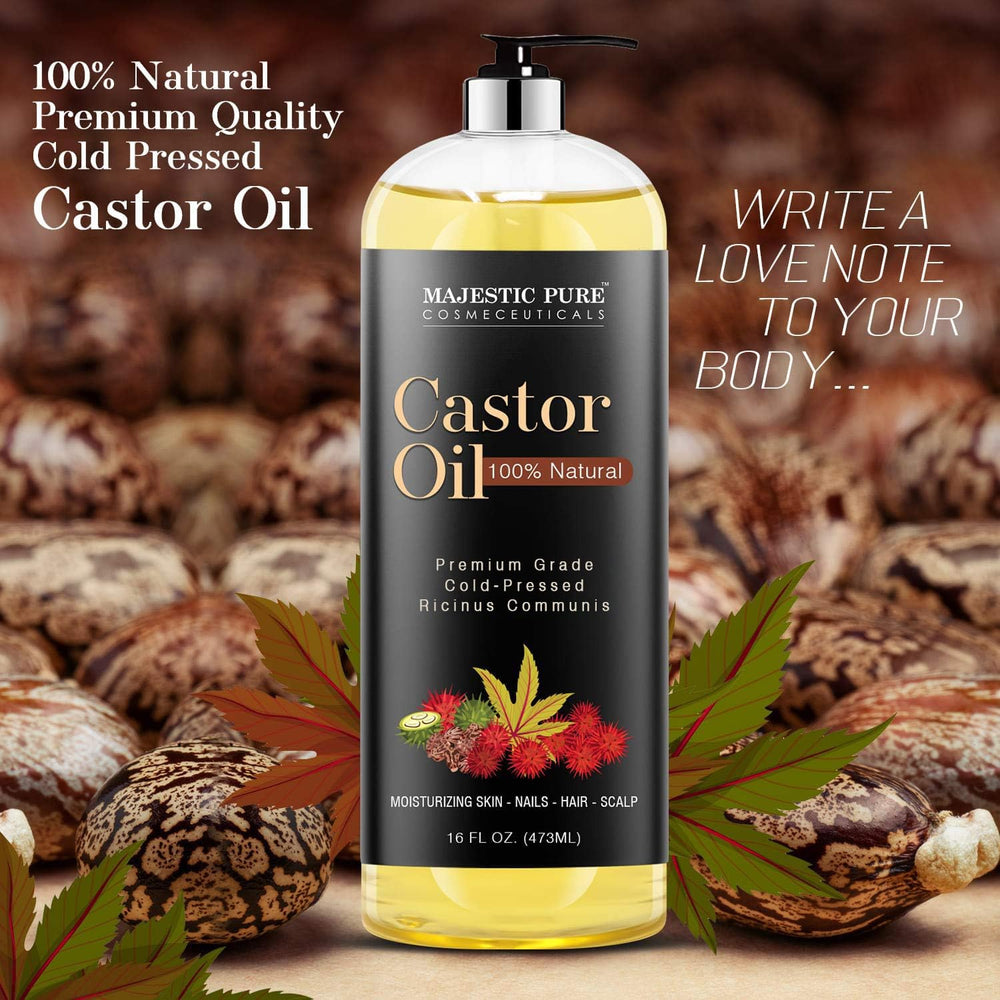 Majestic Pure Castor Oil packaging label signals premium cold-pressed oil