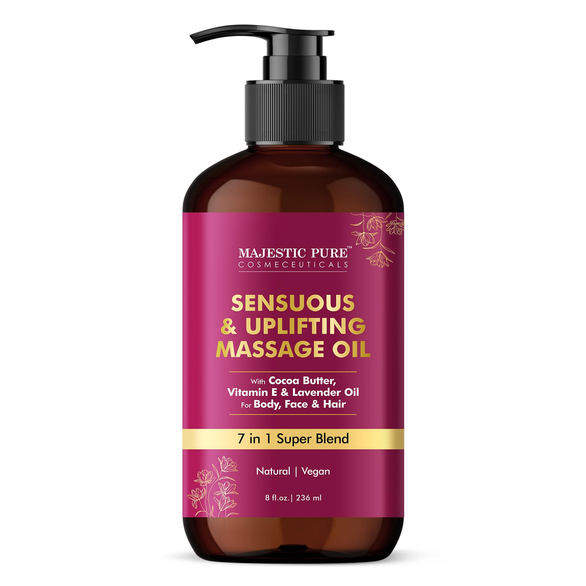 Majestic Pure Cocoa Massage Oil bottle with easy pump application for relaxing massage