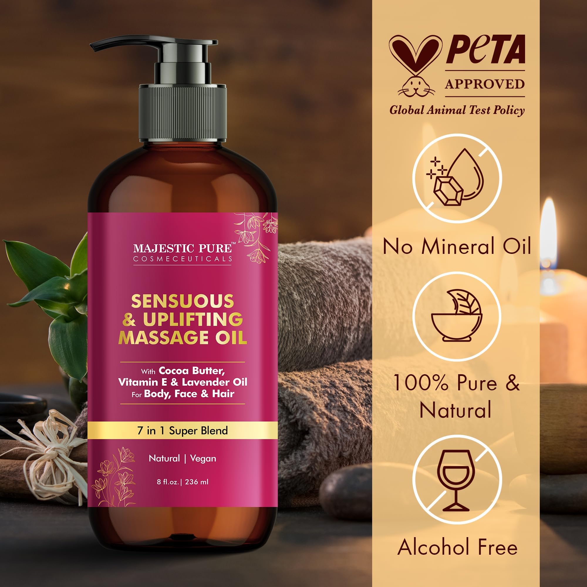 Majestic Pure Cocoa Massage Oil drops on skin illustrate rapid absorption and hydration