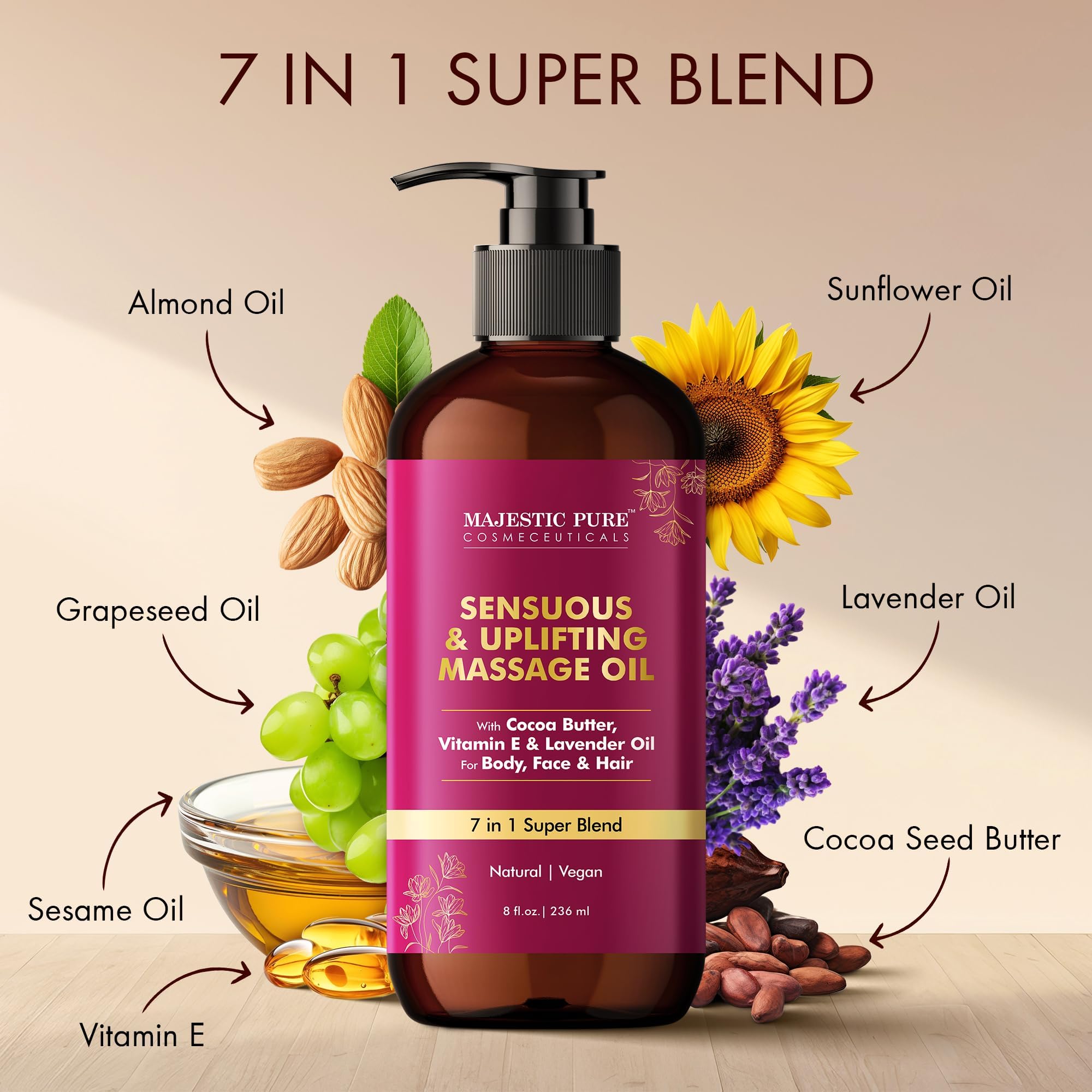 Majestic Pure Cocoa Massage Oil close-up texture highlights smooth hydration