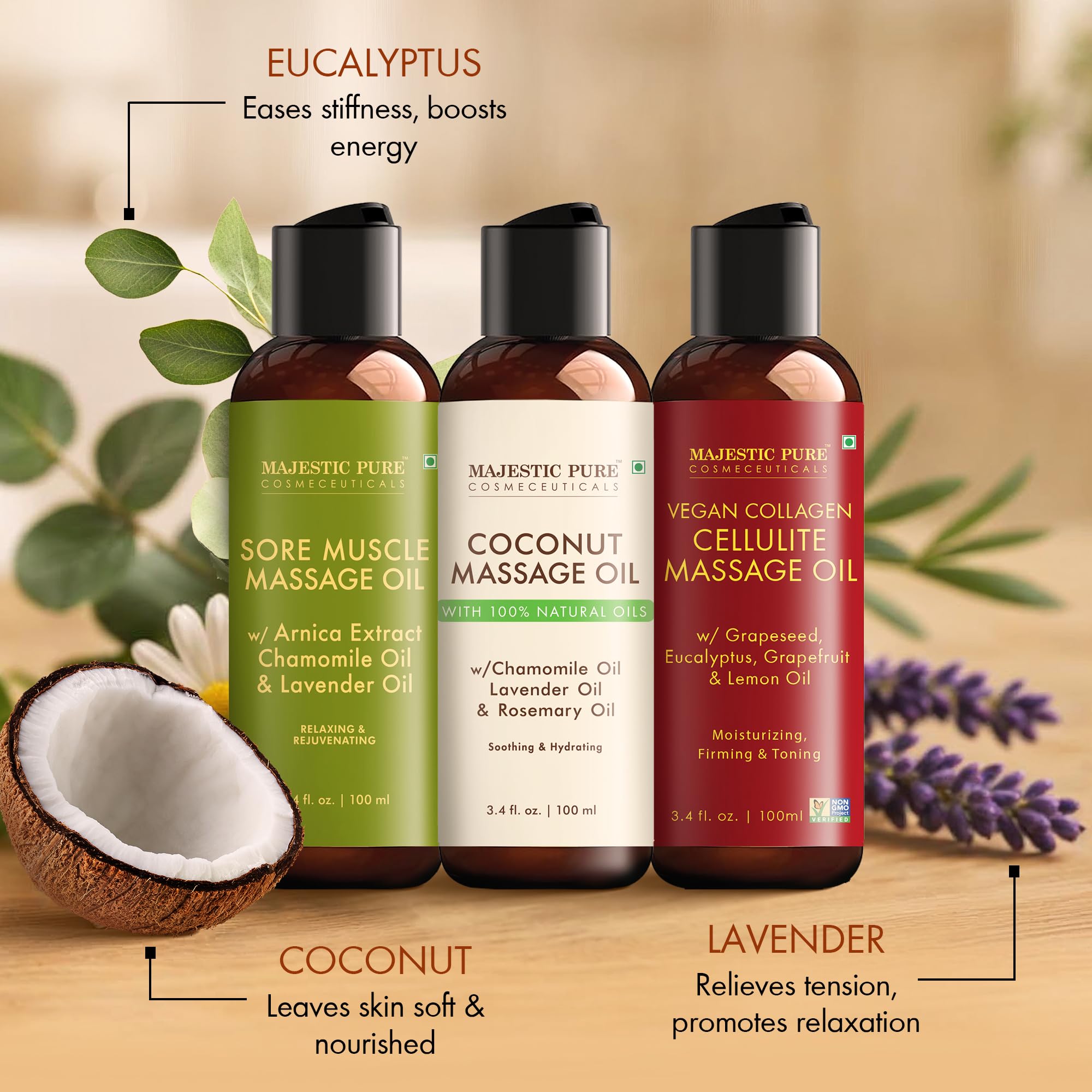 Majestic Pure coconut-based massage oil highlights nourishing hydration for the skin