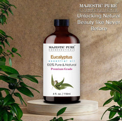 Majestic Pure eucalyptus oil ready for diffuser aromatherapy sessions and relaxation.