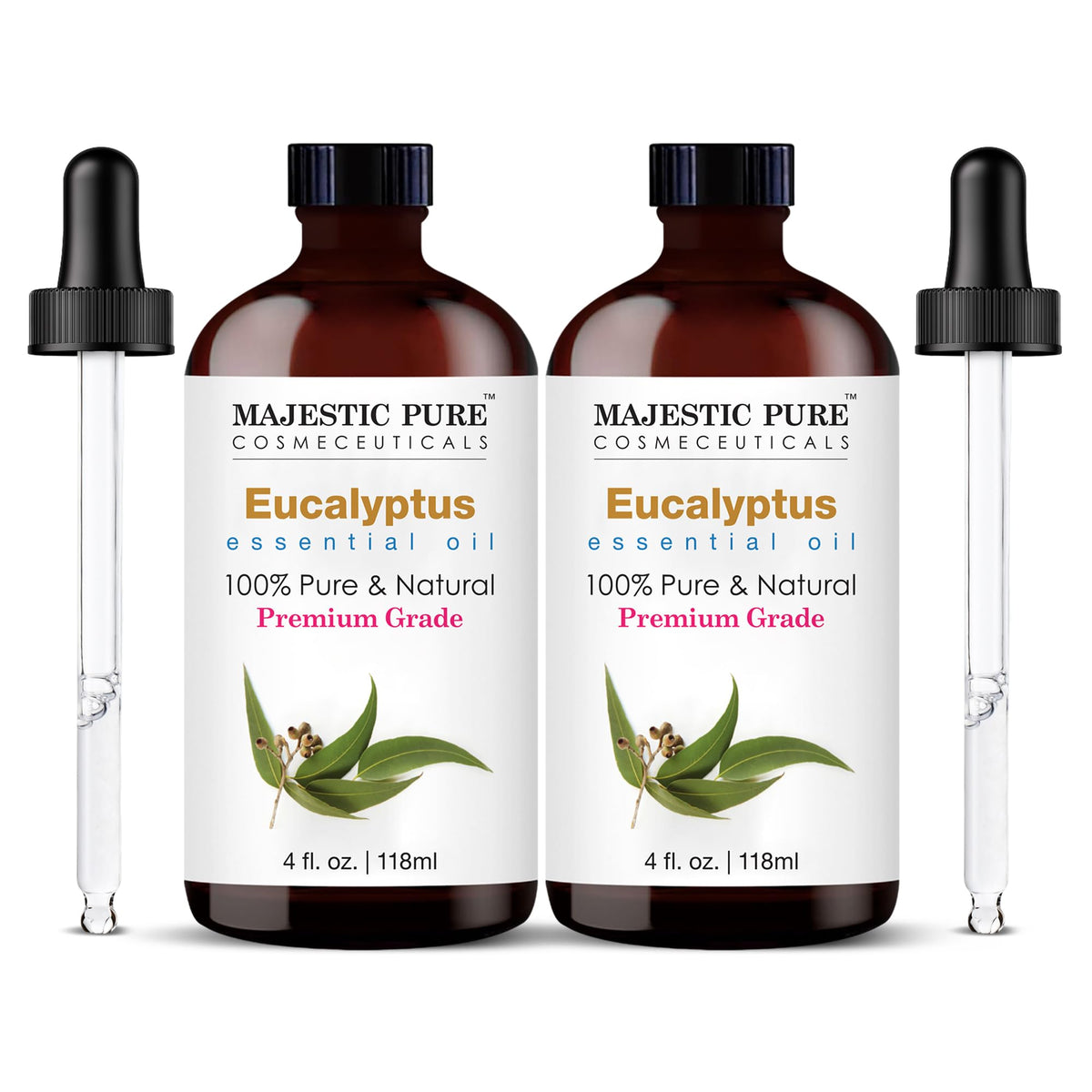 Majestic Pure eucalyptus oil in an amber bottle for a fresh, uplifting aroma.