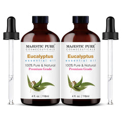Majestic Pure eucalyptus oil in an amber bottle for a fresh, uplifting aroma.