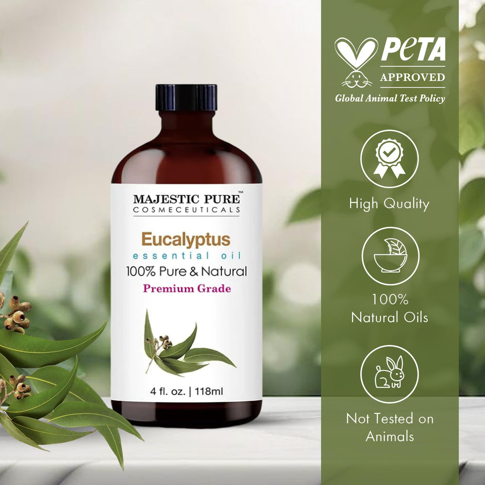 Majestic Pure eucalyptus oil with glass dropper enables precise dosing for diffusers.