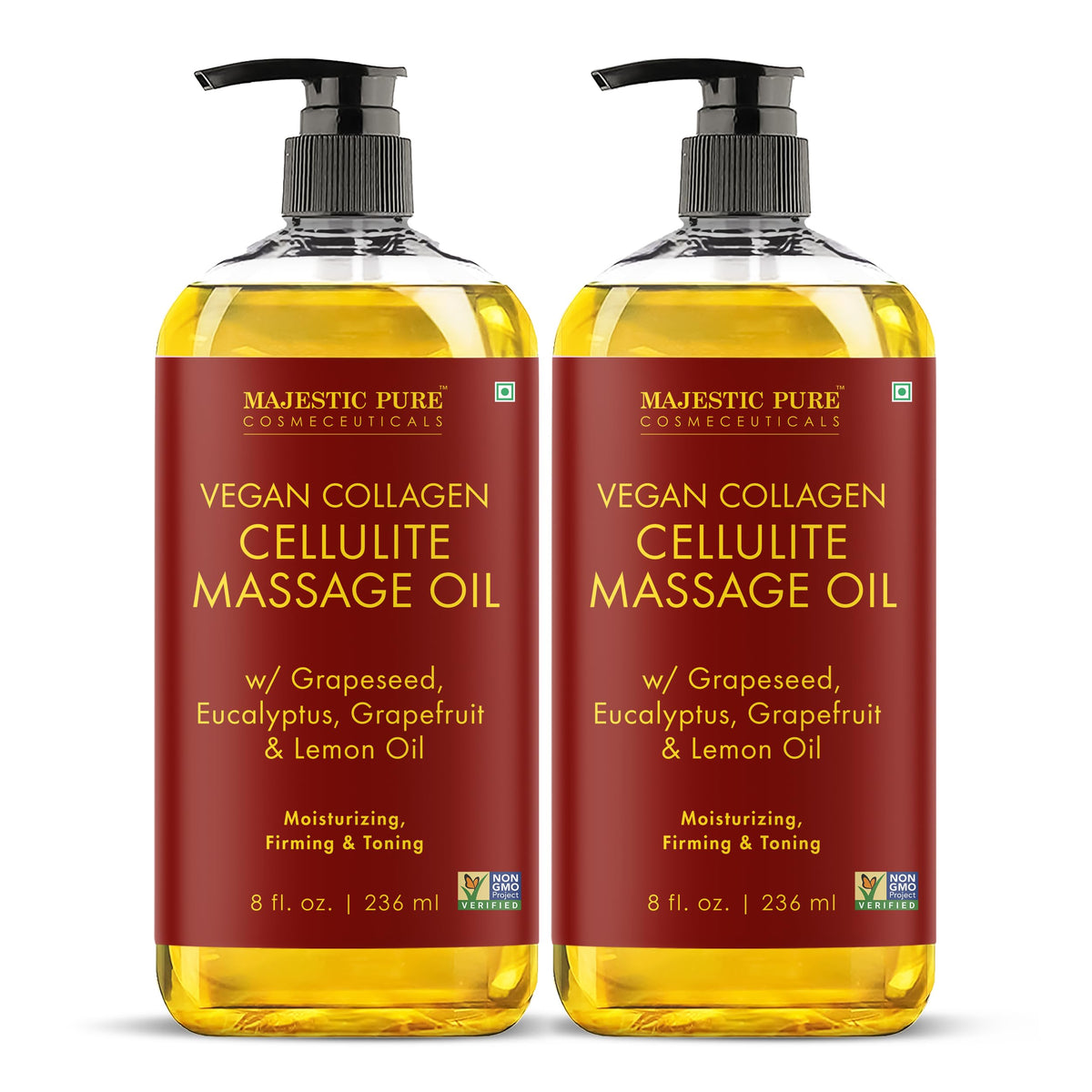 Majestic Pure Firming Body Oil bottle front view showing hydrating formula for smoother skin