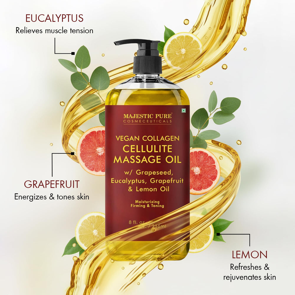 Majestic Pure Firming Body Oil label closeup highlighting a clean formula