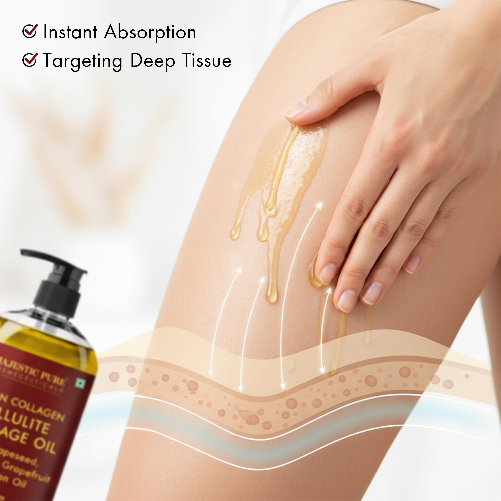Majestic Pure Firming Body Oil legs application for smoother texture