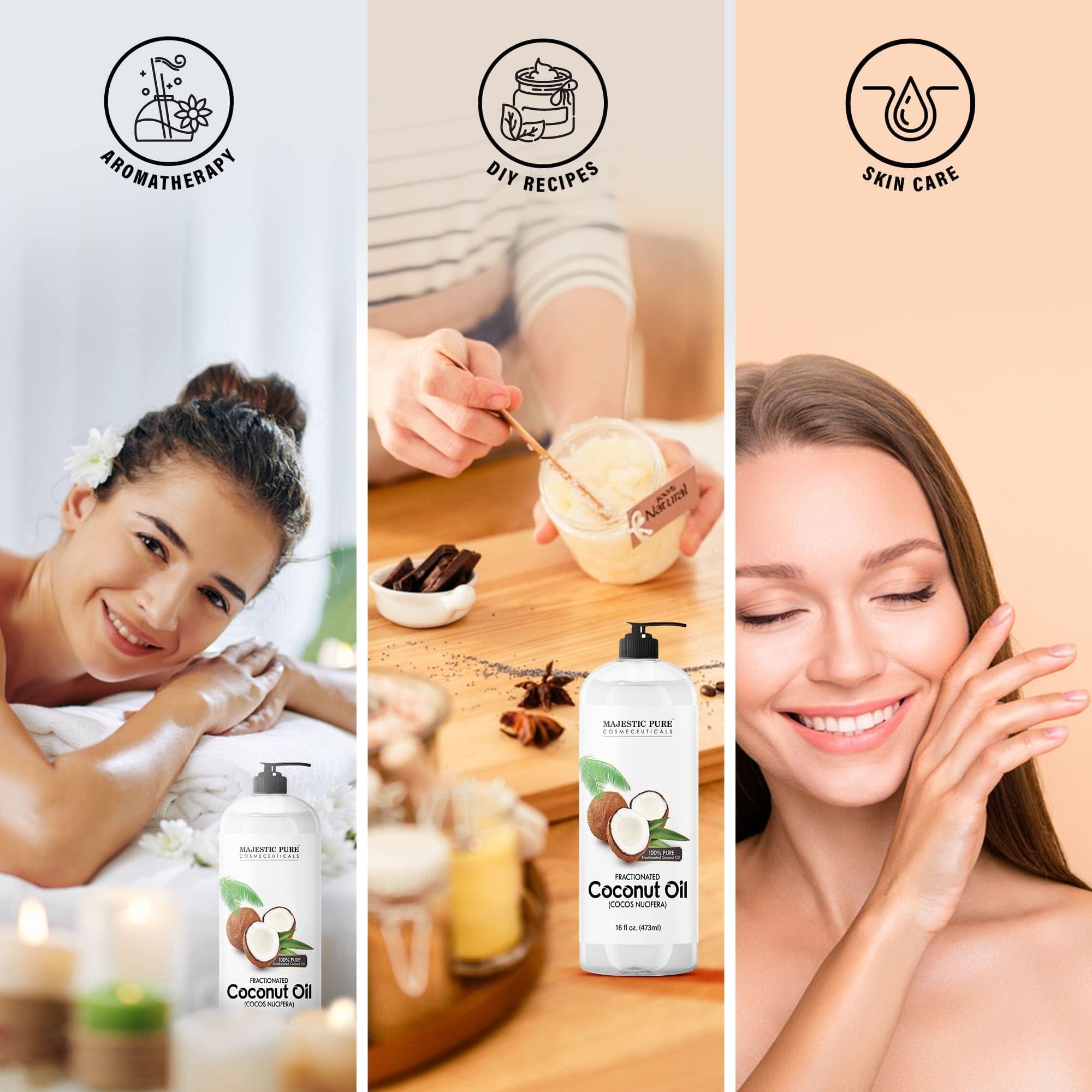 Majestic Pure fractionated coconut oil used as a versatile carrier for essential oil blends.