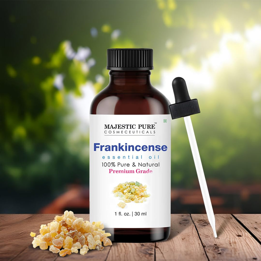 Majestic Pure frankincense oil dropper cap enabling precise, waste-free dispensing.