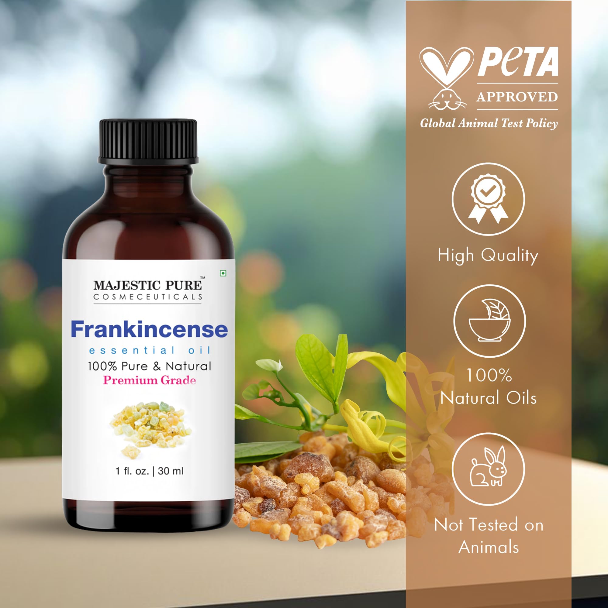 Majestic Pure frankincense oil label highlighting purity and quality assurance.