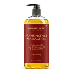 Majestic Pure Frankincense scar stretch oil bottle for soothing skin care.