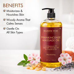 Majestic Pure Frankincense oil pour scene for relaxing massage ritual.