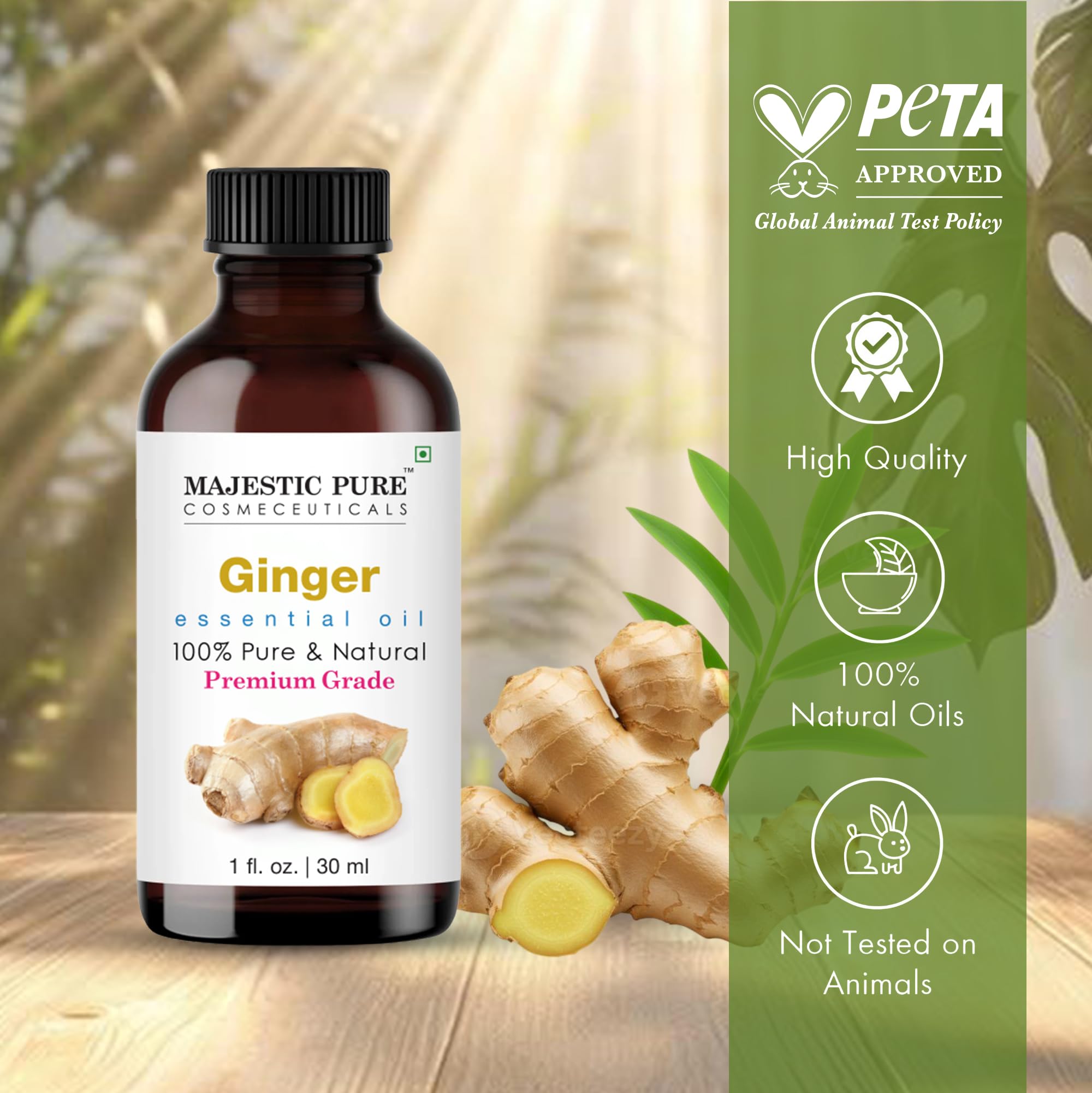 Majestic Pure Ginger Oil in amber bottle protects aroma from light