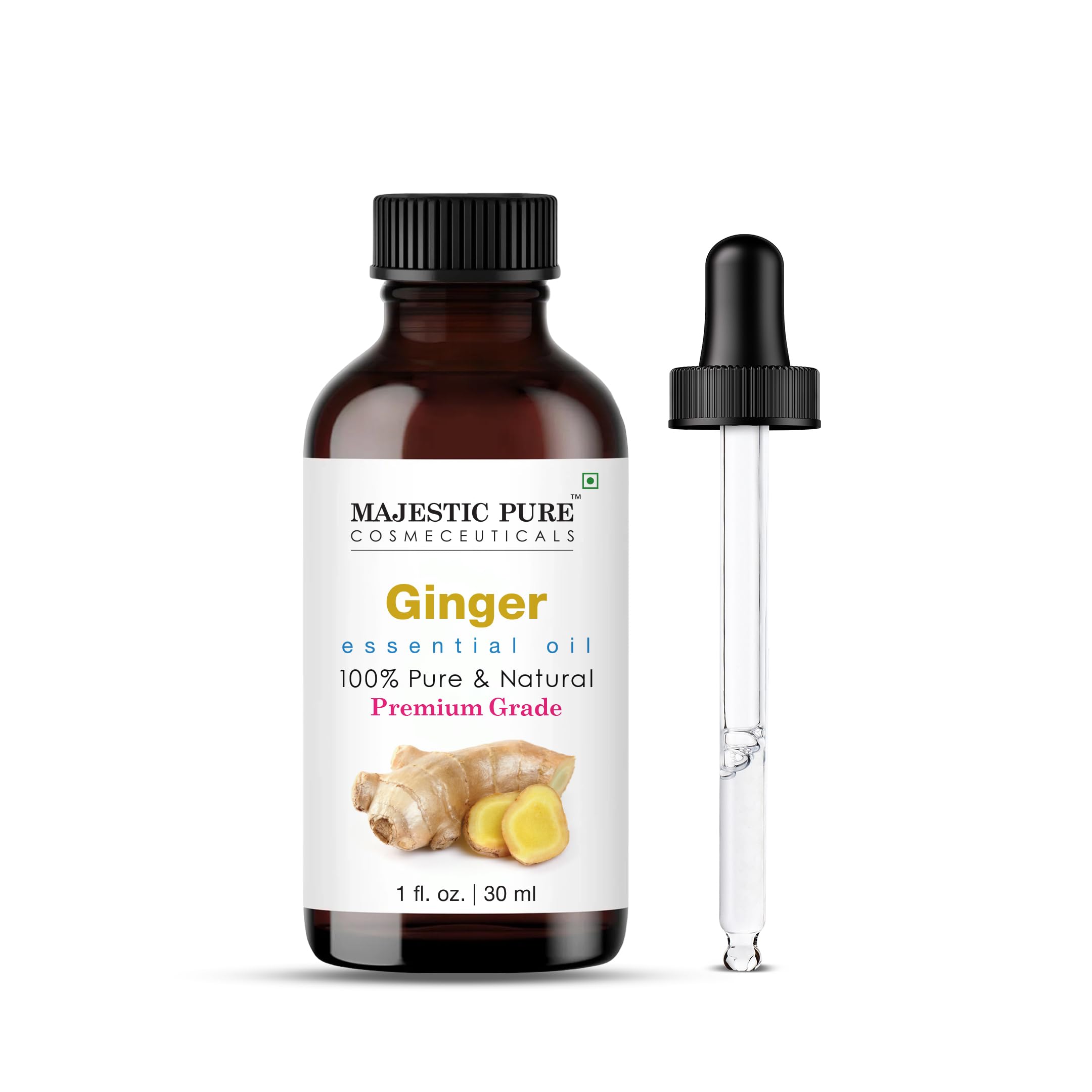 Majestic Pure Ginger Oil bottle closeup for diffuser aromatherapy use
