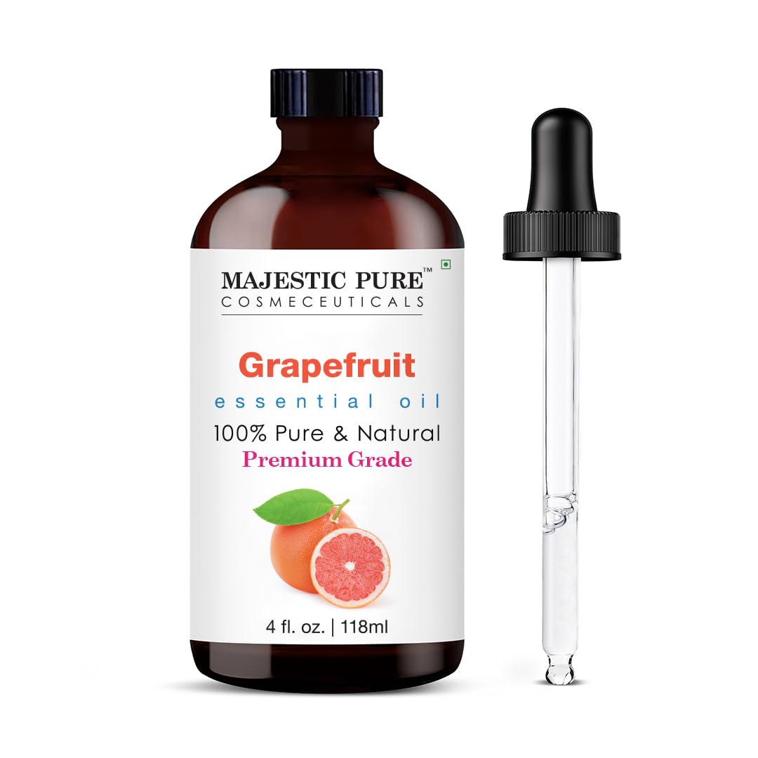 Majestic Pure grapefruit oil bottle with dropper for precise aromatherapy diffusion.