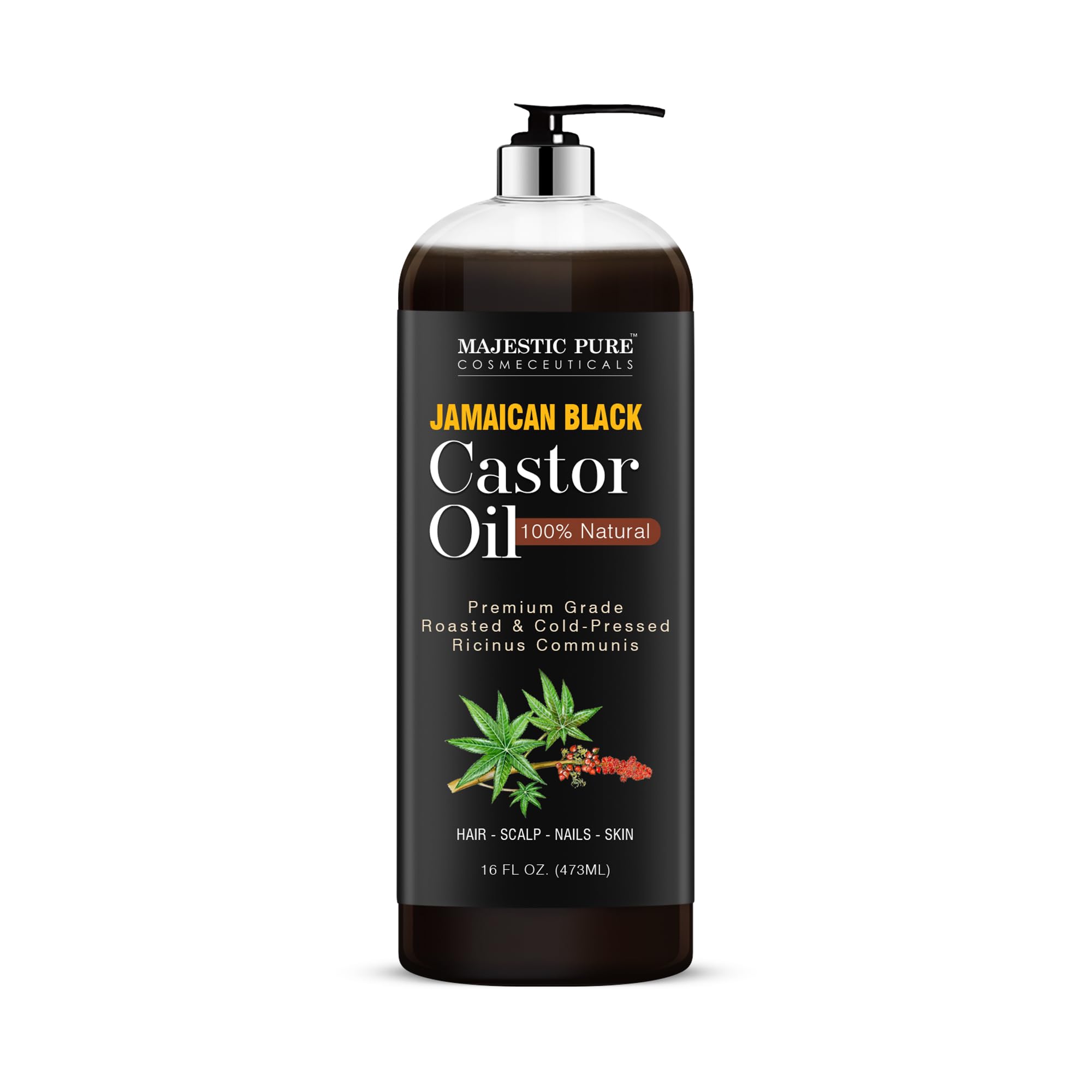 Majestic Pure Jamaican Black Castor Oil bottle for skin and hair care.