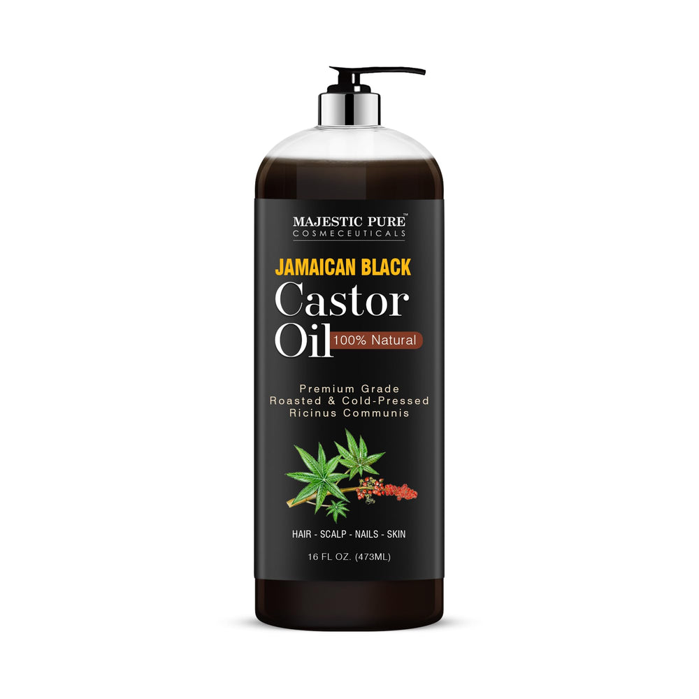 Majestic Pure Jamaican Black Castor Oil bottle for skin and hair care.