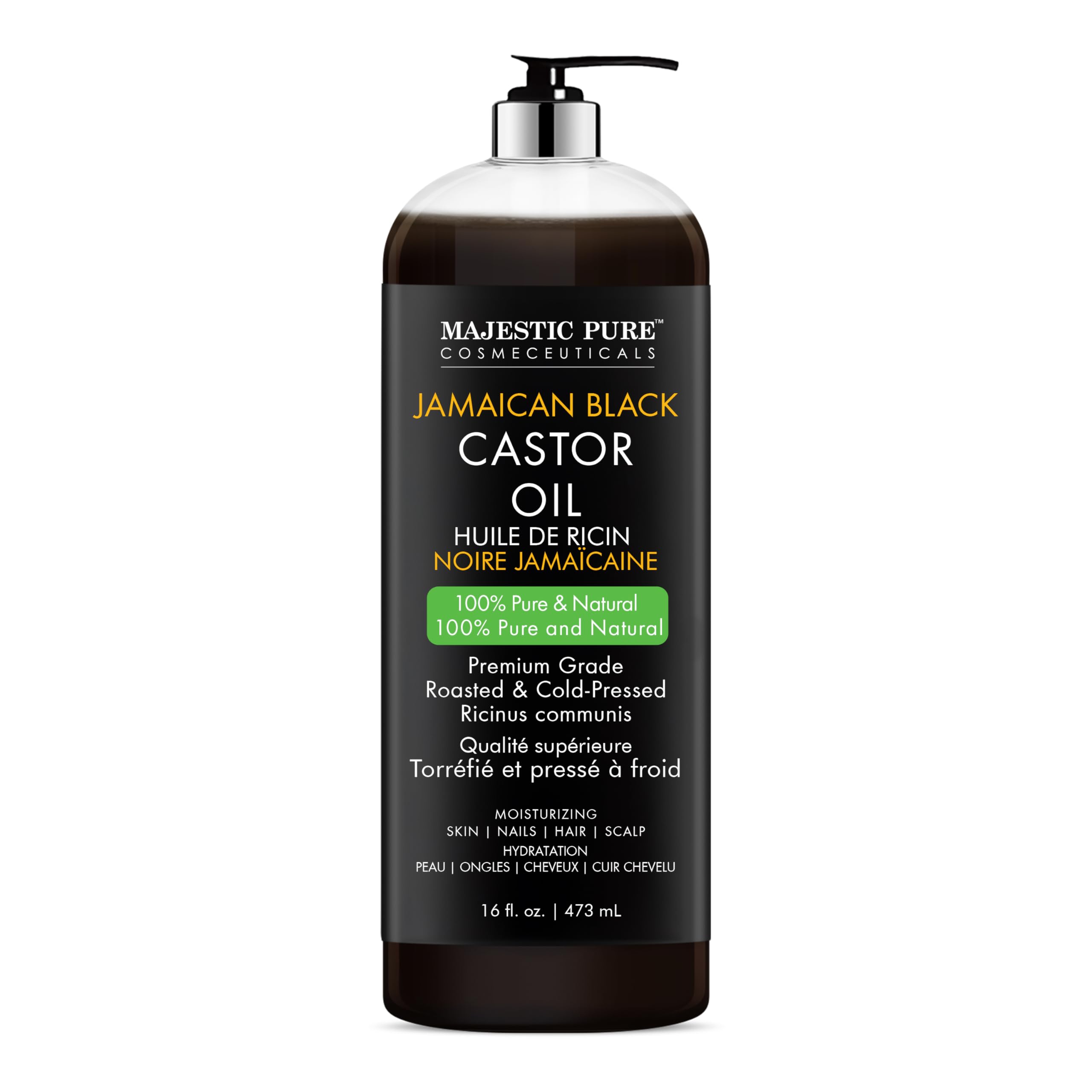 Majestic Pure Castor Oil pour demonstrates quick absorption for massages.