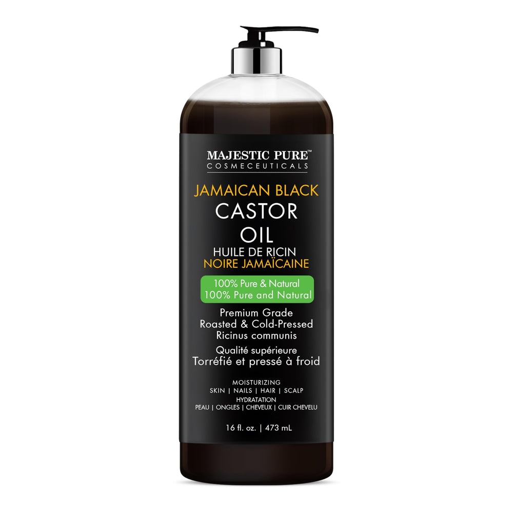 Majestic Pure Castor Oil pour demonstrates quick absorption for massages.