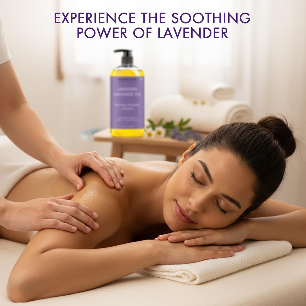 Majestic Pure Lavender Massage Oil stored in amber bottle ensures premium storage.