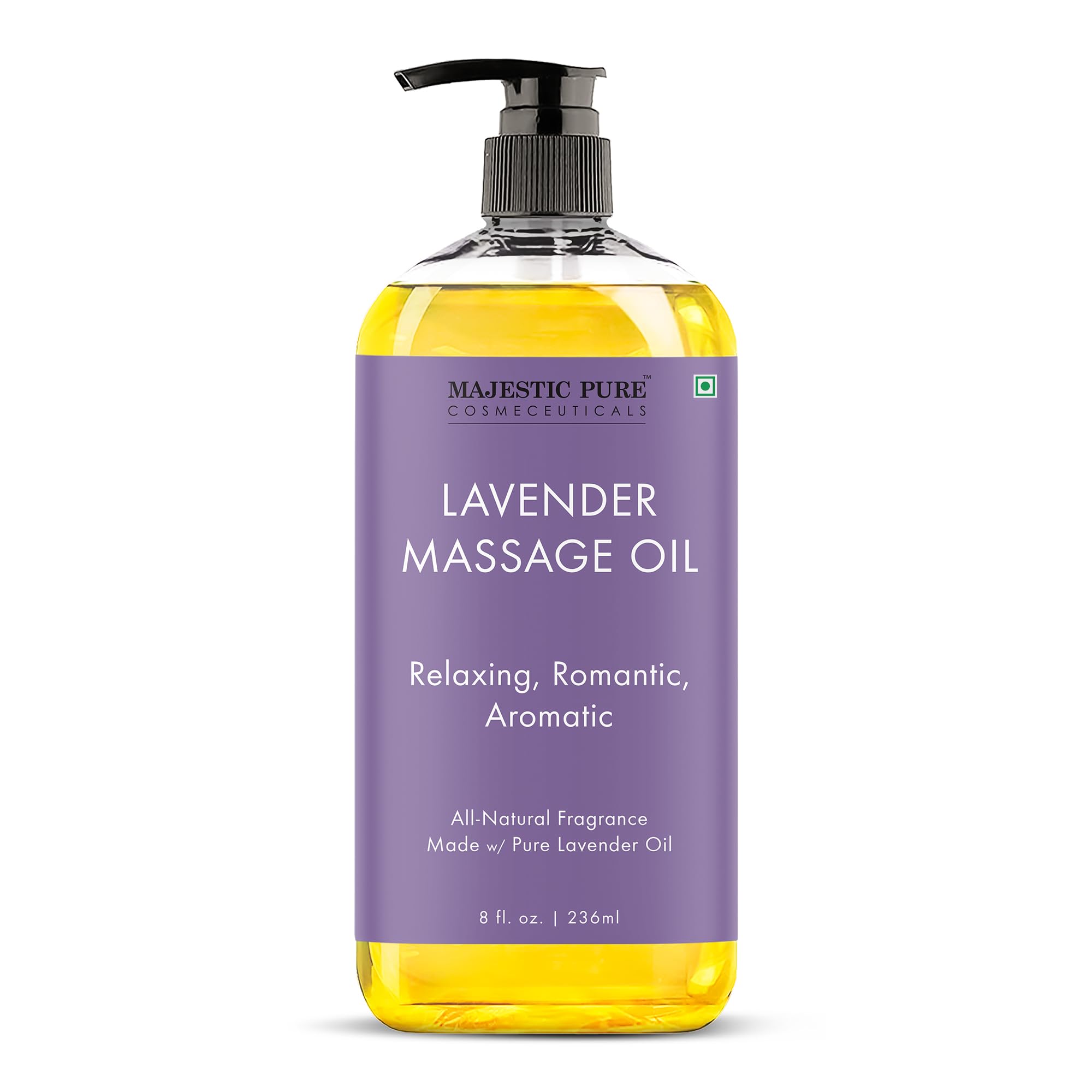 Majestic Pure Lavender Massage Oil bottle with pump for easy application and soothing aroma.