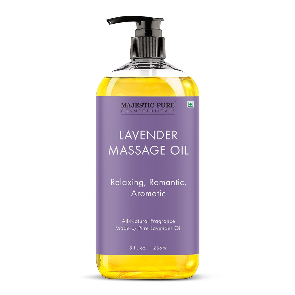 Majestic Pure Lavender Massage Oil bottle with pump for easy application and soothing aroma.