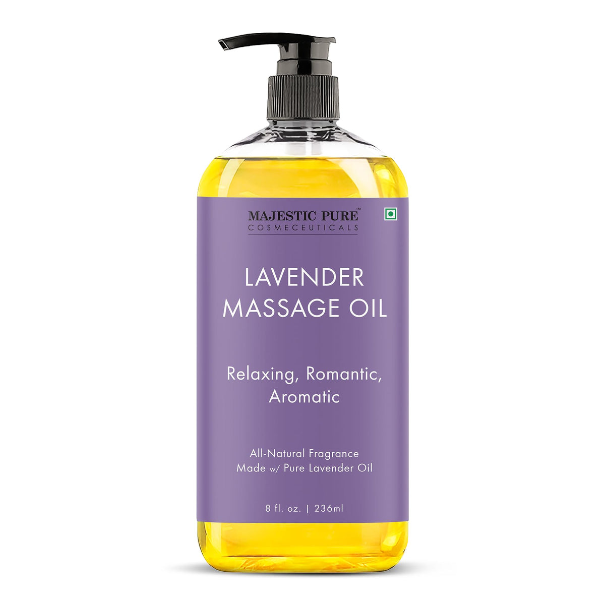 Majestic Pure Lavender Massage Oil bottle with pump for easy application and soothing aroma.