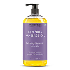 Majestic Pure Lavender Massage Oil bottle with pump for easy application and soothing aroma.
