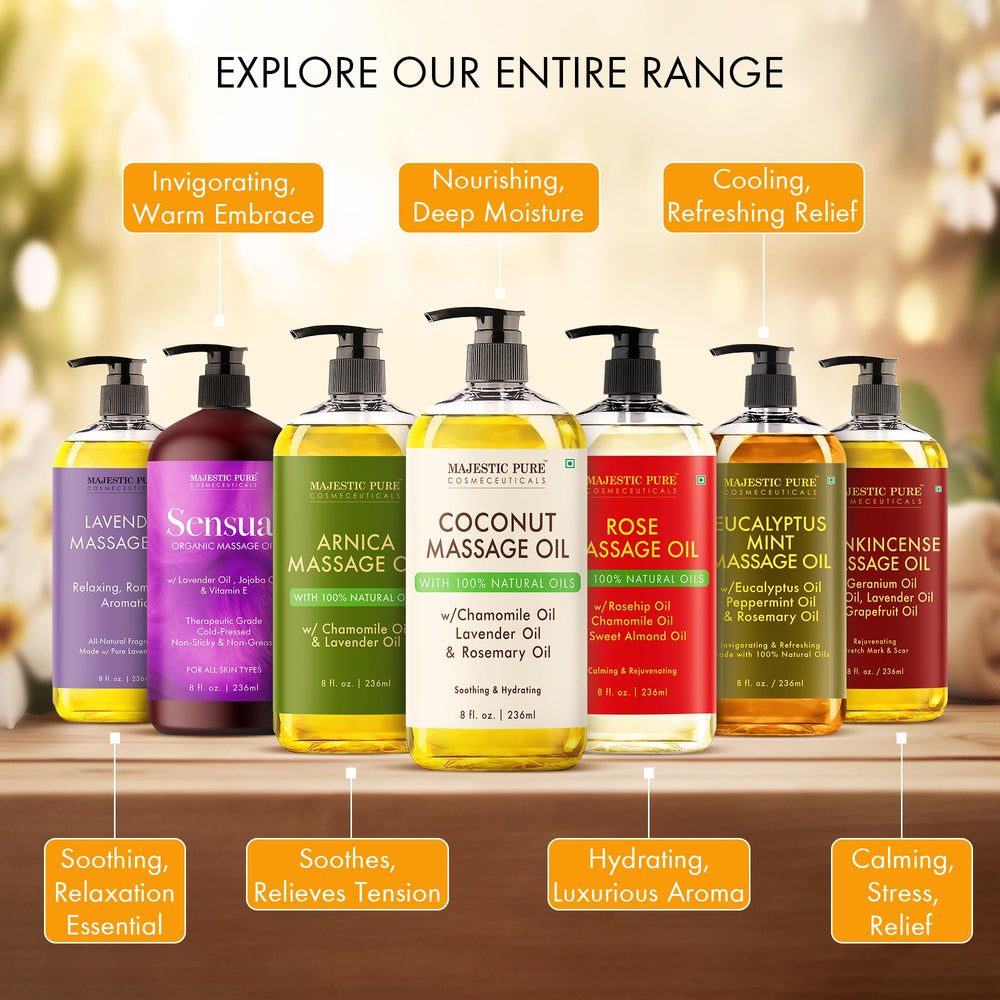 Majestic Pure Lavender Massage Oil close-up reveals rich lavender-infused oil texture.