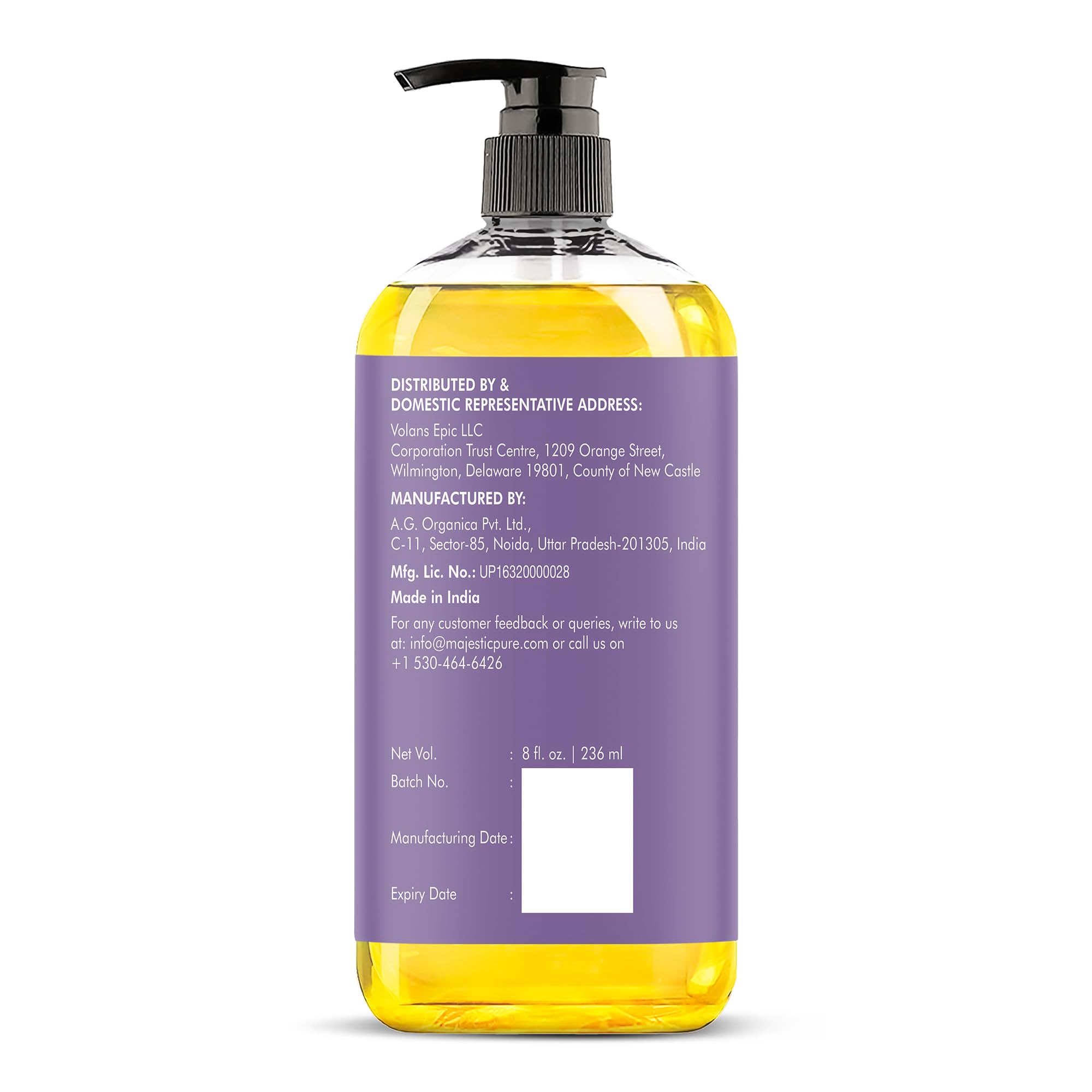 Majestic Pure Lavender Massage Oil label communicates skin-friendly, plant-based formula.