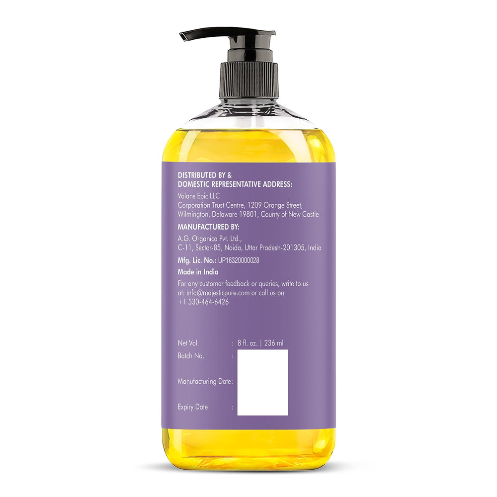 Majestic Pure Lavender Massage Oil label communicates skin-friendly, plant-based formula.