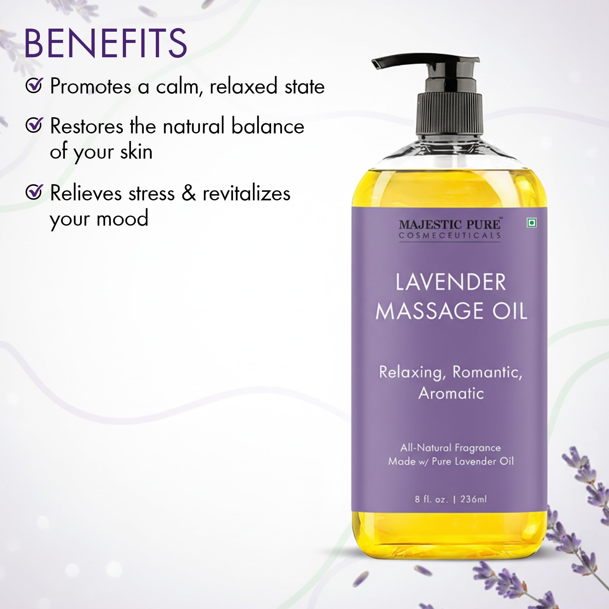 Majestic Pure Lavender Massage Oil with lavender flowers offers a calming sensory experience.