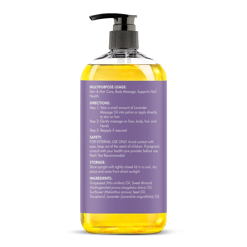 Majestic Pure Lavender Massage Oil packaging highlights natural ingredients for mindful self-care.