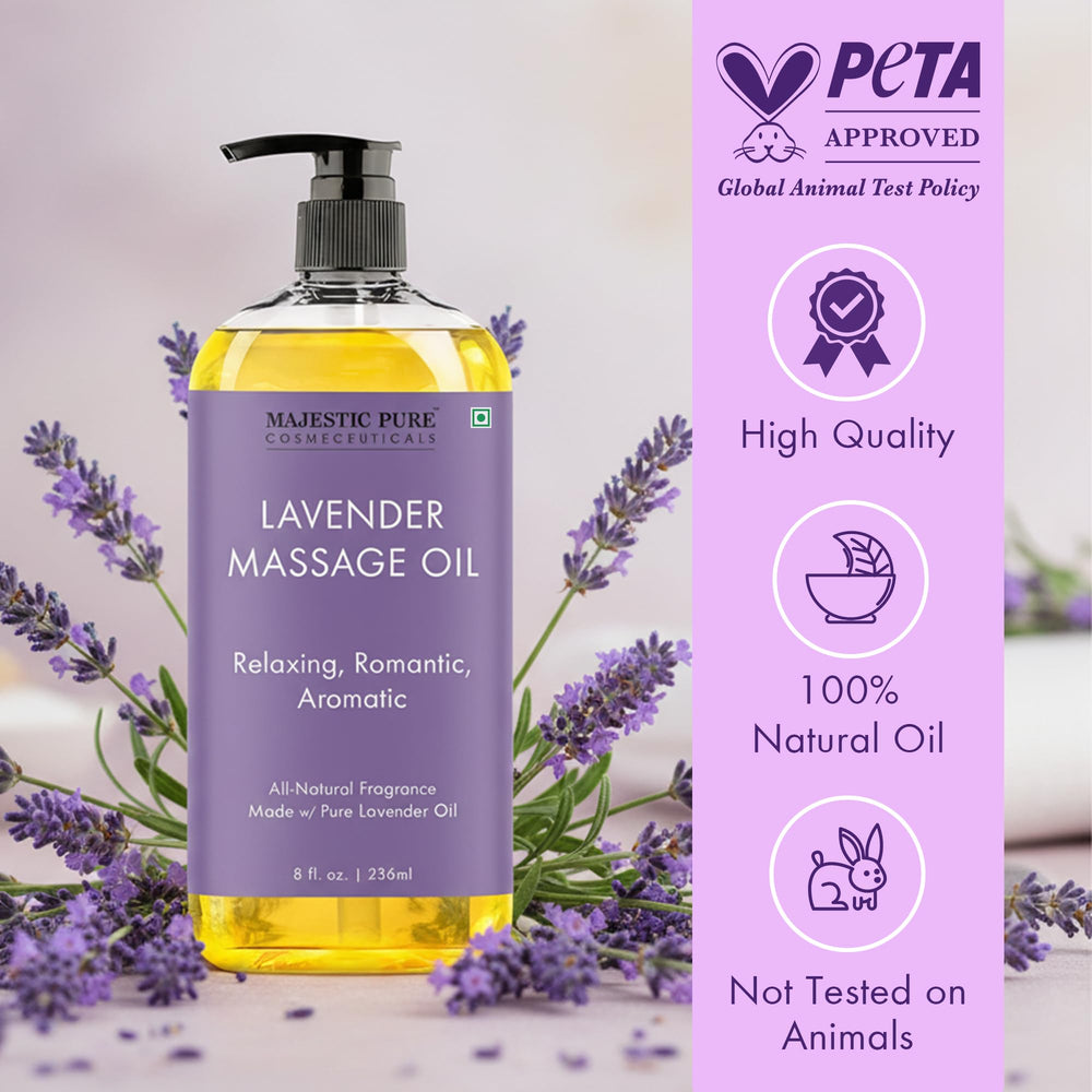 Majestic Pure Lavender Massage Oil pour shows smooth texture ideal for massage sessions.
